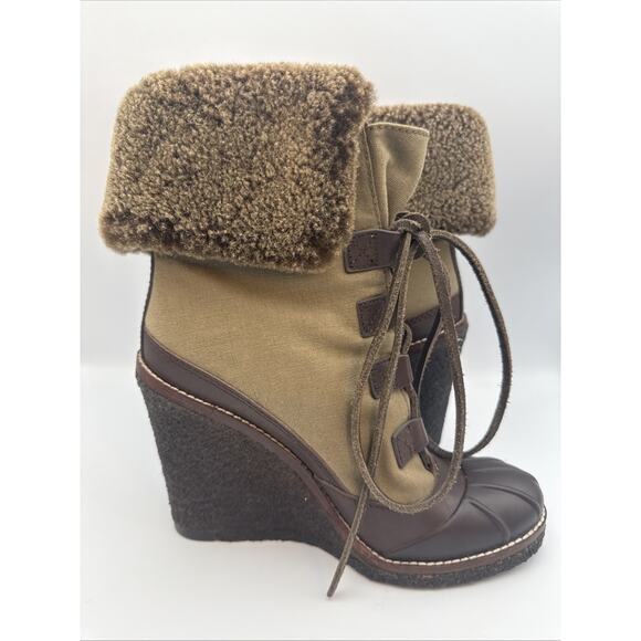 Tory Burch Boots Women Fairfax 8M Olive/ Brown Shearling LaceUp Combat Wedge - Picture 5 of 12